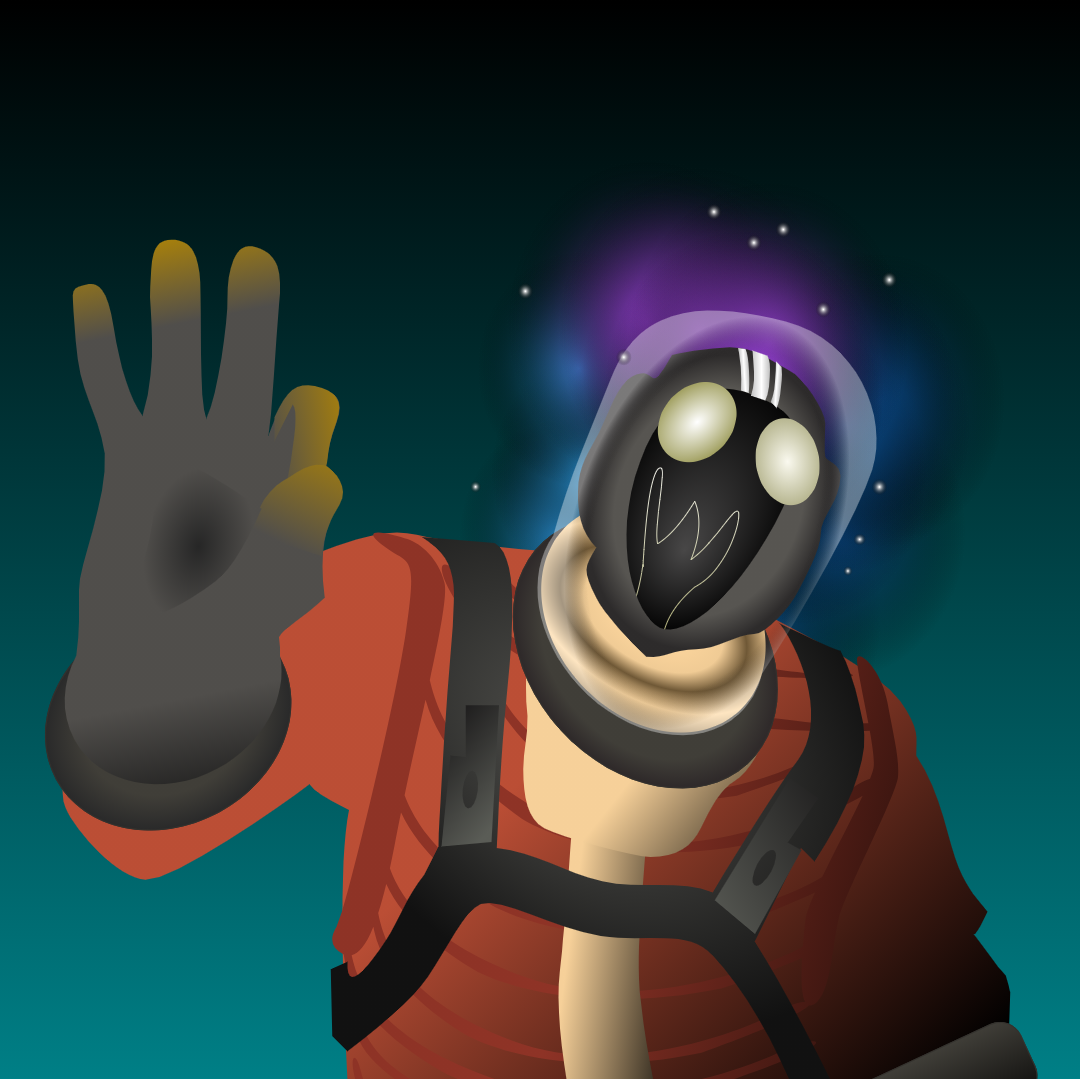 Astrobro: a helmeted figure in a red flight suit raising a gloved hand, backlit by a purple and blue nebula.