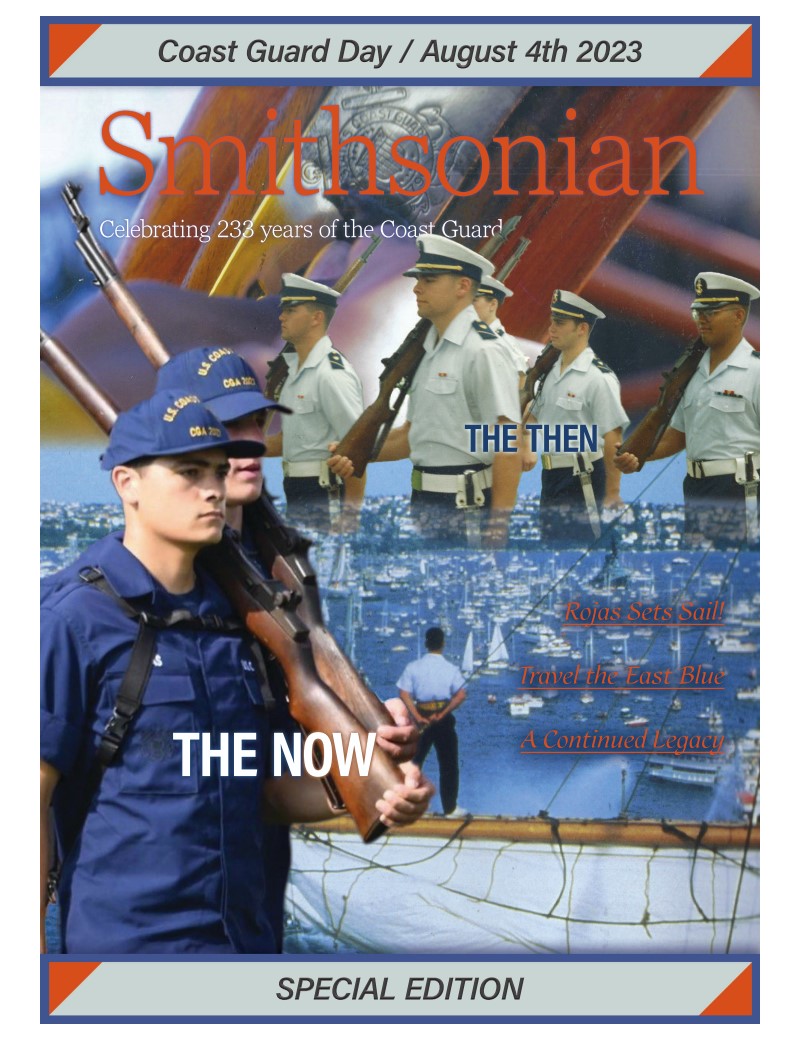 Magazine cover composite for Coast Guard Day, layering a modern cadet over a historic honour guard.