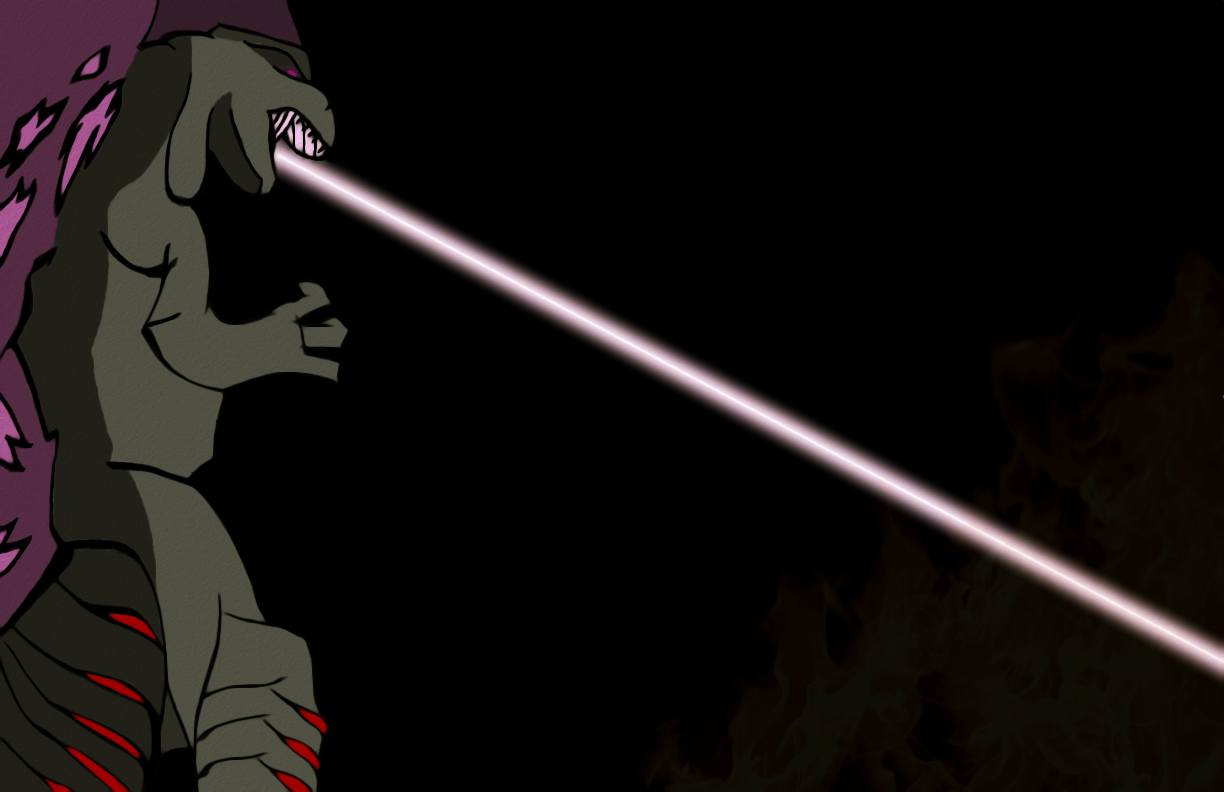 Gojira poster: the kaiju in silhouette firing a pale atomic beam across a black field, dorsal fins glowing magenta.