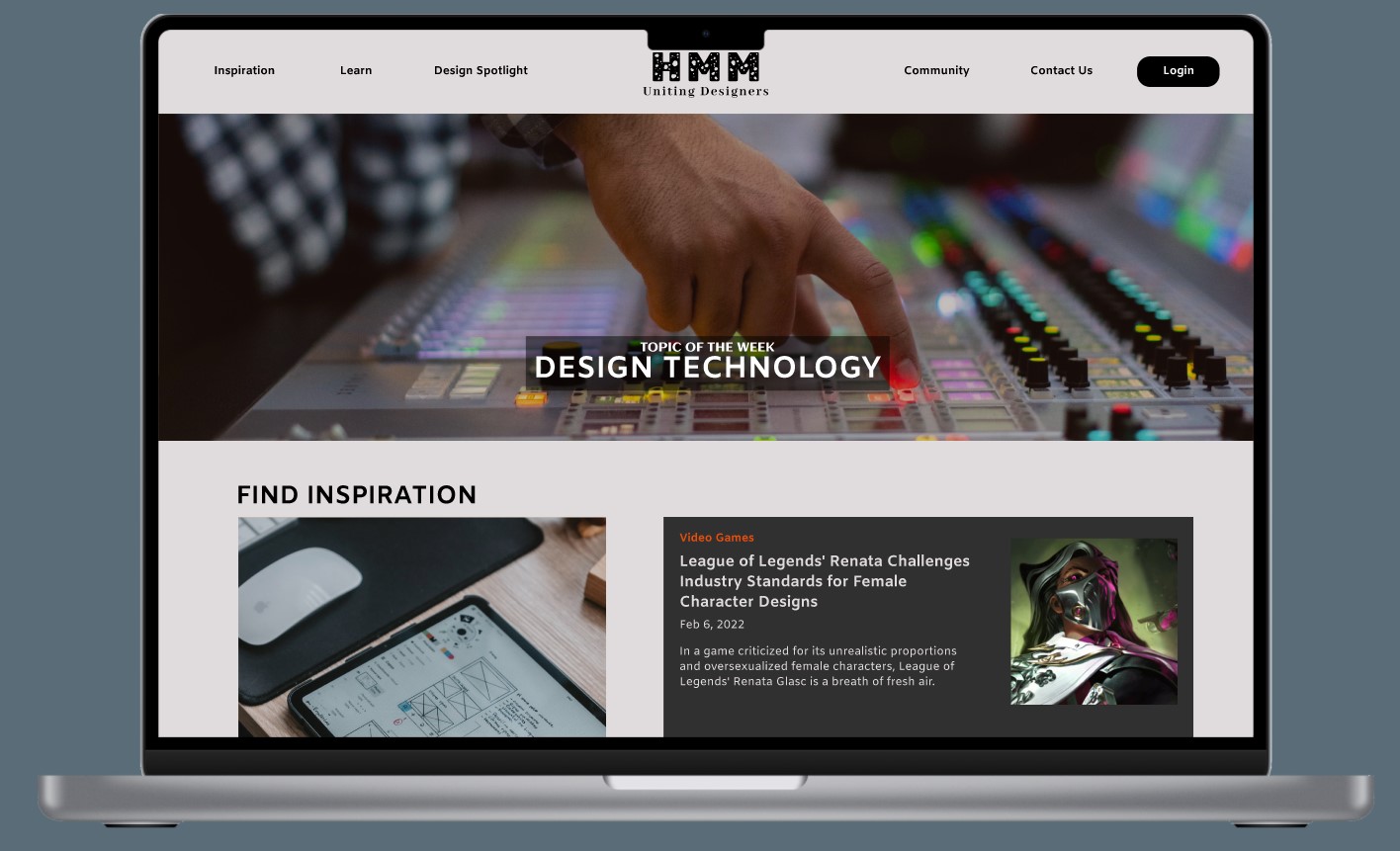HMM magazine homepage on a laptop: a Design Technology hero image above a Find Inspiration article grid.