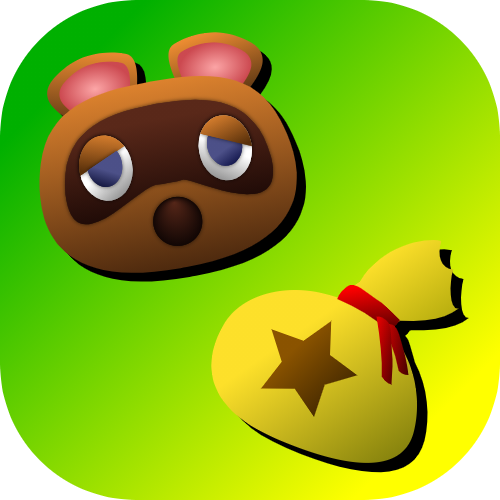 Vector icon of Tom Nook beside a star-marked bell bag on a green gradient.
