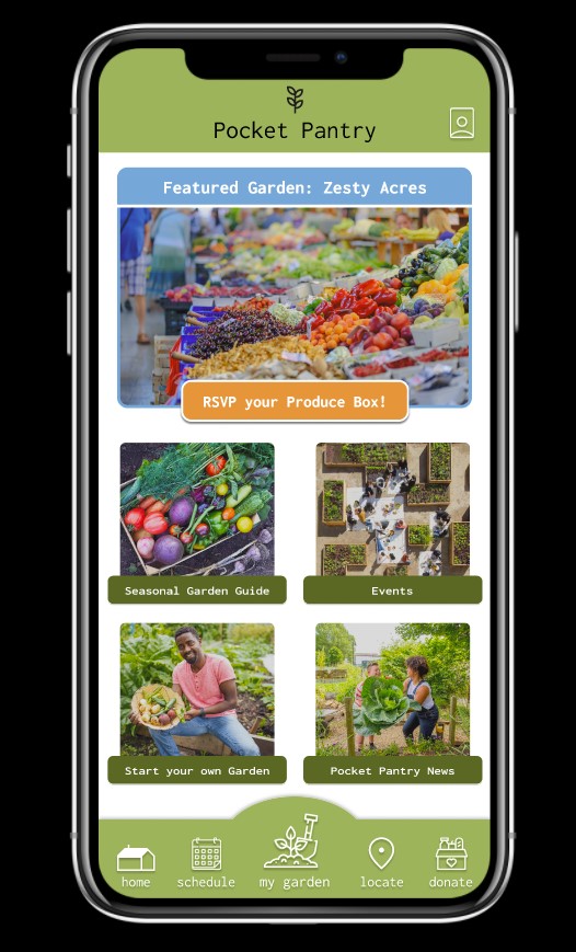 Pocket Pantry app home screen: a featured community garden card above guide, events and news tiles.