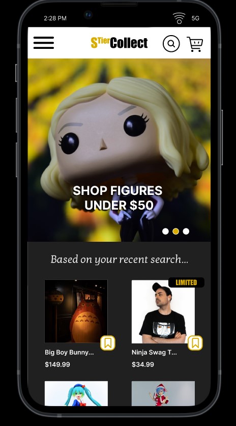 S Tier Collect mobile storefront: a figure carousel above a personalised product grid.