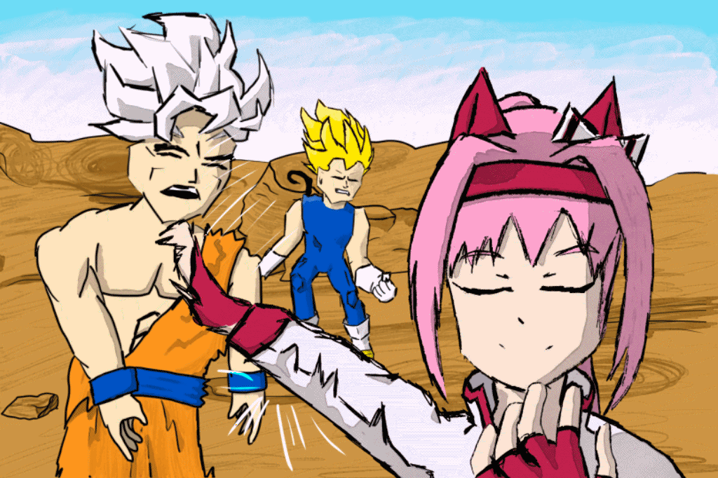 A short hand-drawn animation loop, a versus pose between Haru and Goku.